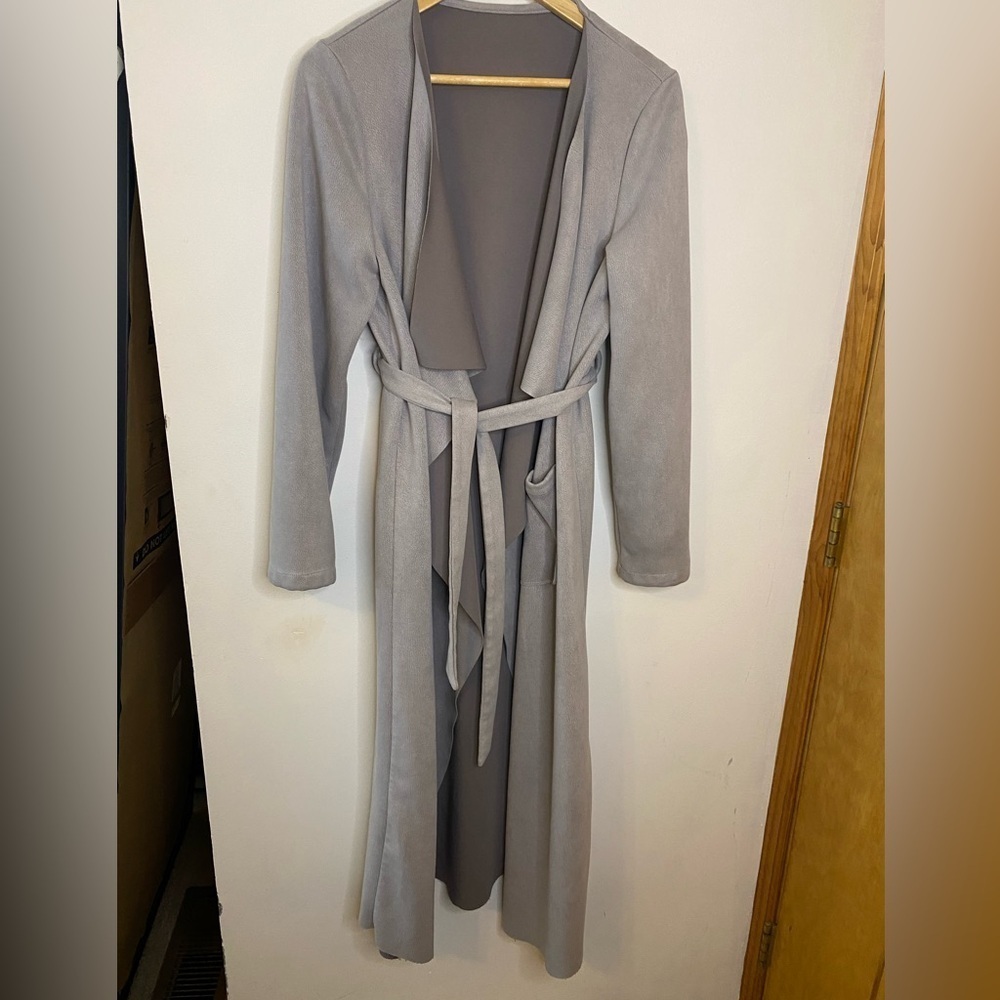 Faux Suede Tie Waist Open Front Maxi Duster Waterfall Coat